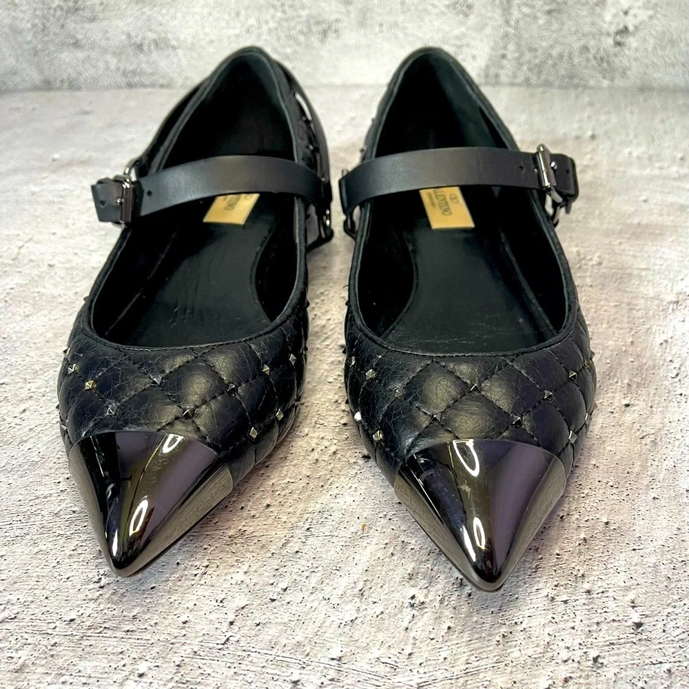 Valentino Garavani Quilted Rockstud Metal Cap Toe Ballerina Flats (8) - Picture 1 of 9
